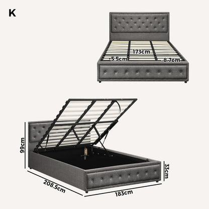 Oikiture King Bed Frame with Storage Space Gas Lift Bed Mattress Base Grey-Bed Frame-PEROZ Accessories