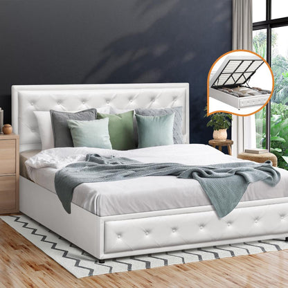 Oikiture King Bed Frame with Storage Space Gas Lift Bed Mattress Base White-Bed Frame-PEROZ Accessories