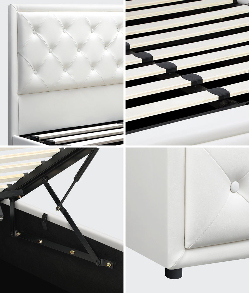 Oikiture King Bed Frame with Storage Space Gas Lift Bed Mattress Base White