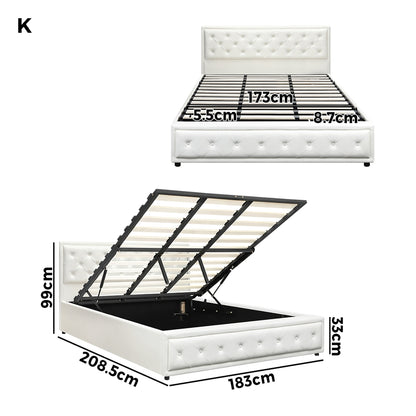 Oikiture King Bed Frame with Storage Space Gas Lift Bed Mattress Base White-Bed Frame-PEROZ Accessories