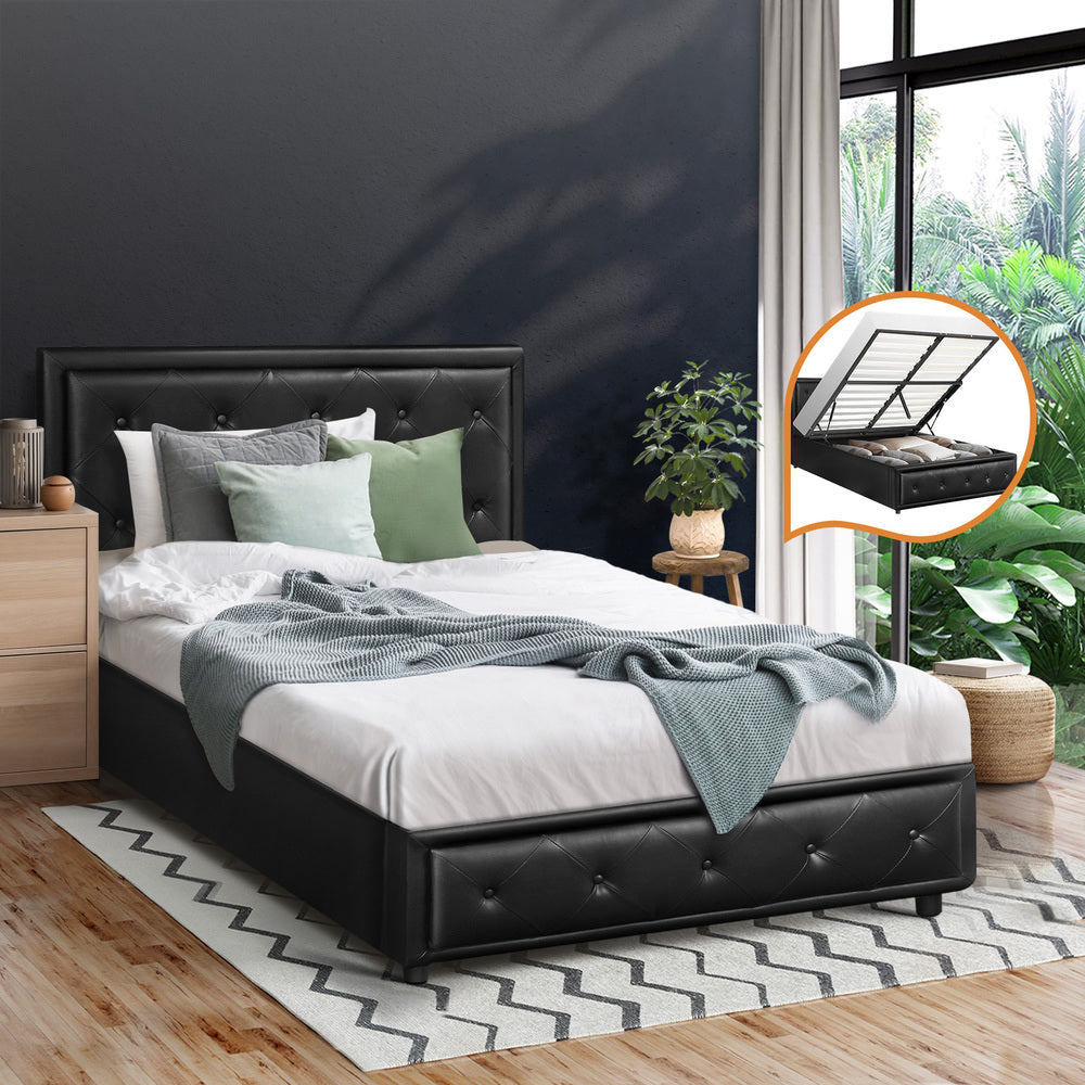 Oikiture King Single Bed Frame with Storage Space Gas Lift Bed Mattress Base Black