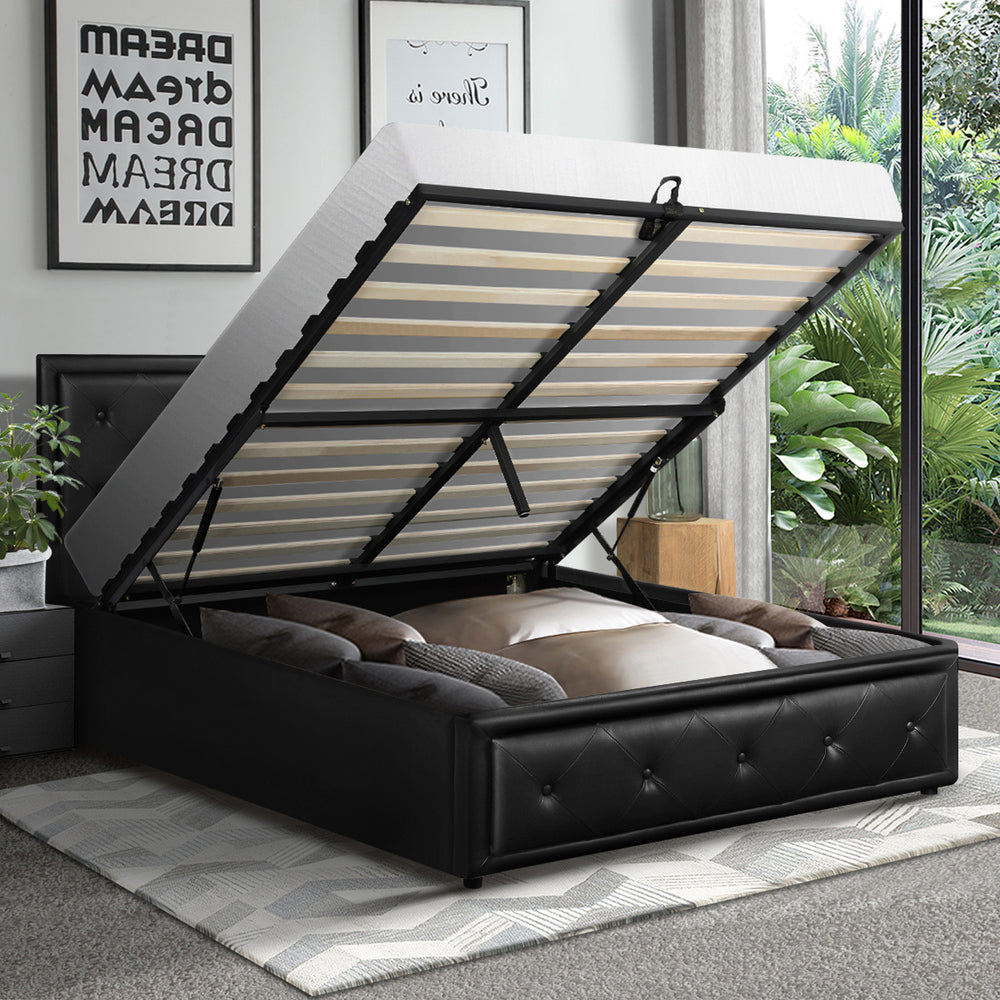 Oikiture King Single Bed Frame with Storage Space Gas Lift Bed Mattress Base Black-Bed Frame-PEROZ Accessories