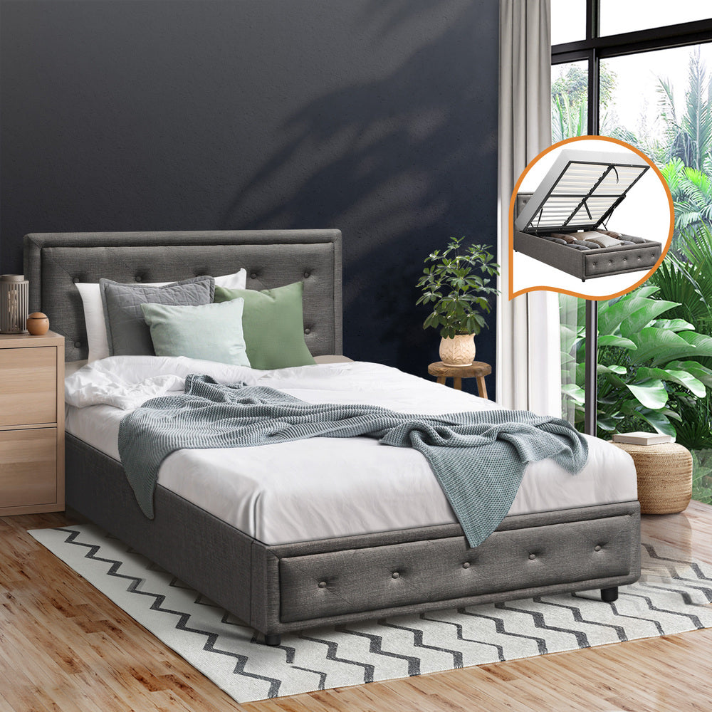 Oikiture King Single Bed Frame with Storage Space Gas Lift Bed Mattress Base Grey-Bed Frame-PEROZ Accessories