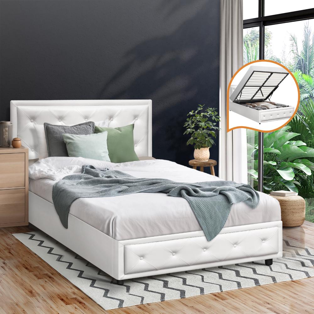 Oikiture King Single Bed Frame with Storage Space Gas Lift Bed Mattress Base White-Bed Frames-PEROZ Accessories