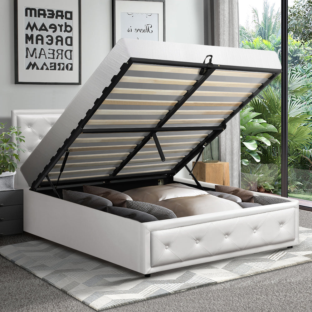 Oikiture King Single Bed Frame with Storage Space Gas Lift Bed Mattress Base White-Bed Frames-PEROZ Accessories