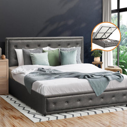 Oikiture Queen Bed Frame with Storage Space Gas Lift Bed Mattress Base Grey-Bed Frames-PEROZ Accessories