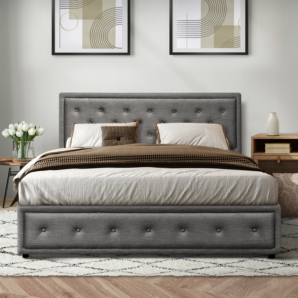 Oikiture Queen Bed Frame with Storage Space Gas Lift Bed Mattress Base Grey-Bed Frames-PEROZ Accessories