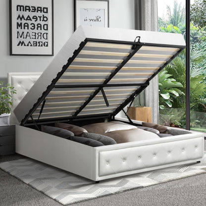 Oikiture Queen Bed Frame with Storage Space Gas Lift Bed Mattress Base White-Bed Frames-PEROZ Accessories