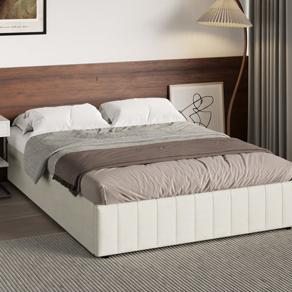 Oikiture Bed Frame Double Size Gas Lift Storage Base Velvet Cream-Bed Frame-PEROZ Accessories