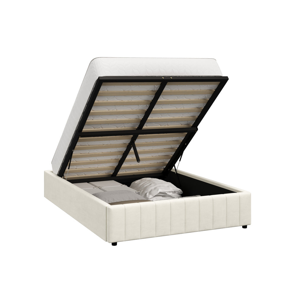 Oikiture Bed Frame Double Size Gas Lift Storage Base Velvet Cream-Bed Frame-PEROZ Accessories