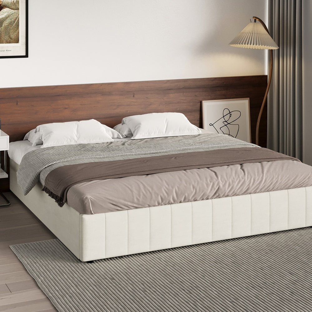 Oikiture Bed Frame King Size Gas Lift Storage Base Velvet Cream-Bed Frame-PEROZ Accessories