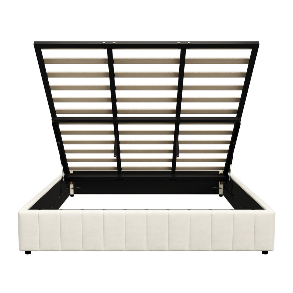 Oikiture Bed Frame King Size Gas Lift Storage Base Velvet Cream-Bed Frame-PEROZ Accessories
