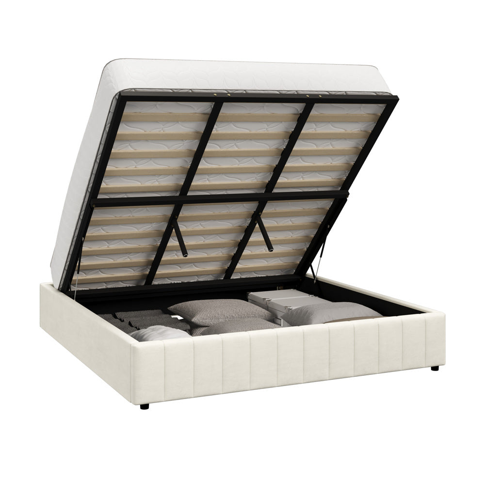 Oikiture Bed Frame King Size Gas Lift Storage Base Velvet Cream-Bed Frame-PEROZ Accessories