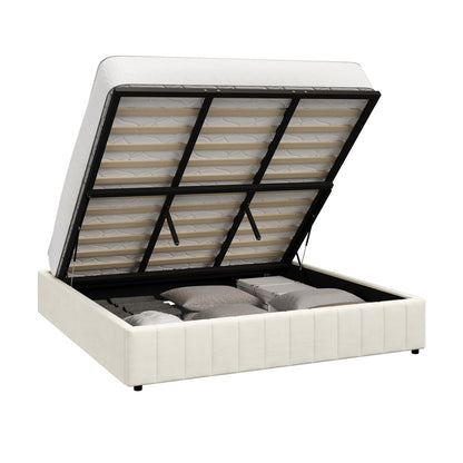 Oikiture Bed Frame King Size Gas Lift Storage Base Velvet Cream-Bed Frame-PEROZ Accessories