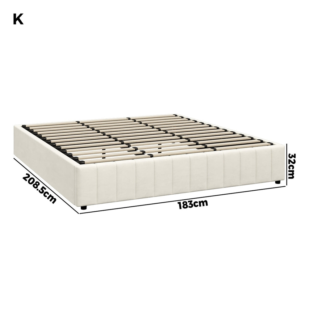 Oikiture Bed Frame King Size Gas Lift Storage Base Velvet Cream-Bed Frame-PEROZ Accessories