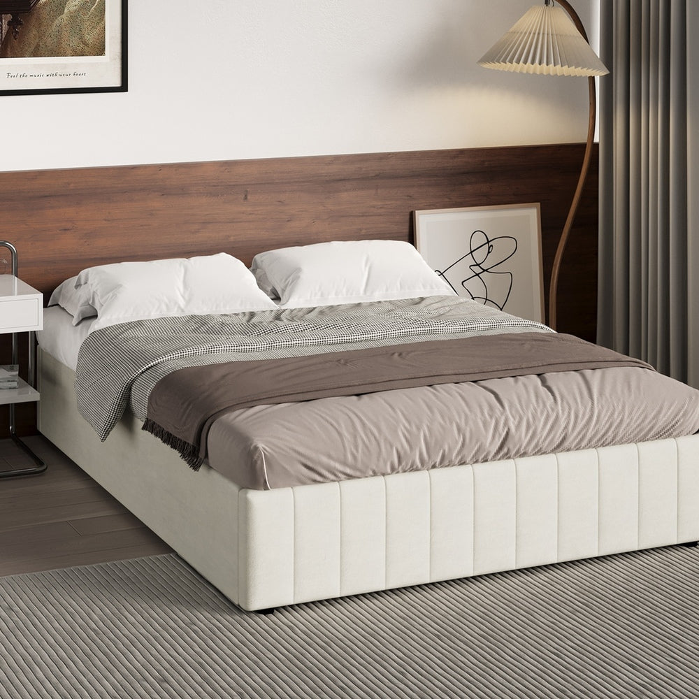 Oikiture Bed Frame Queen Size Gas Lift Storage Base Velvet Cream-Bed Frame-PEROZ Accessories