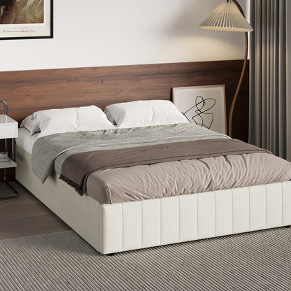 Oikiture Bed Frame Queen Size Gas Lift Storage Base Velvet Cream-Bed Frame-PEROZ Accessories