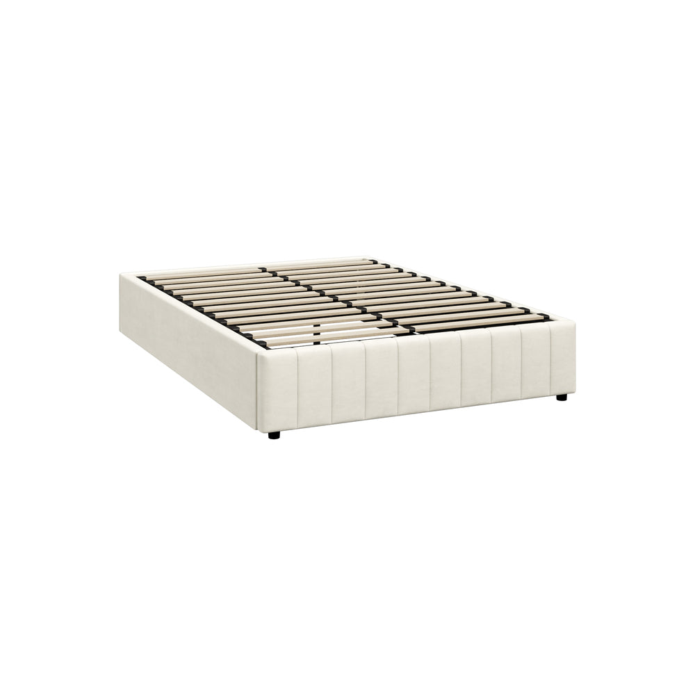 Oikiture Bed Frame Queen Size Gas Lift Storage Base Velvet Cream-Bed Frame-PEROZ Accessories