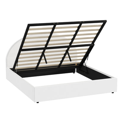Oikiture Bed Frame King Size With Gas Lift Base PU Leather White-Bed Frames-PEROZ Accessories