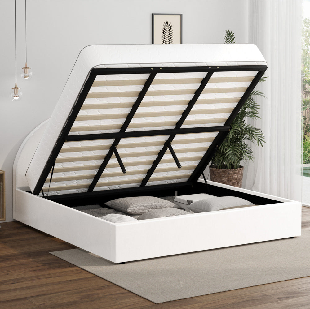 Oikiture Bed Frame King Size With Gas Lift Base PU Leather White-Bed Frames-PEROZ Accessories
