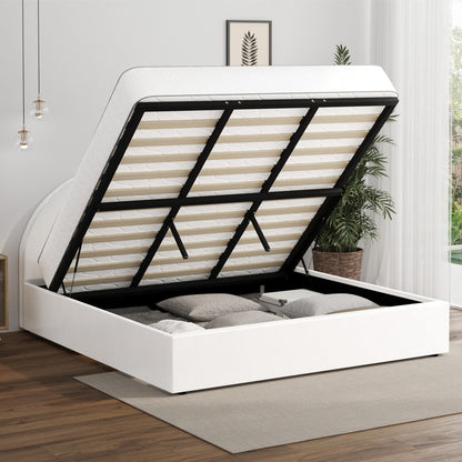 Oikiture Bed Frame King Size With Gas Lift Base PU Leather White-Bed Frames-PEROZ Accessories