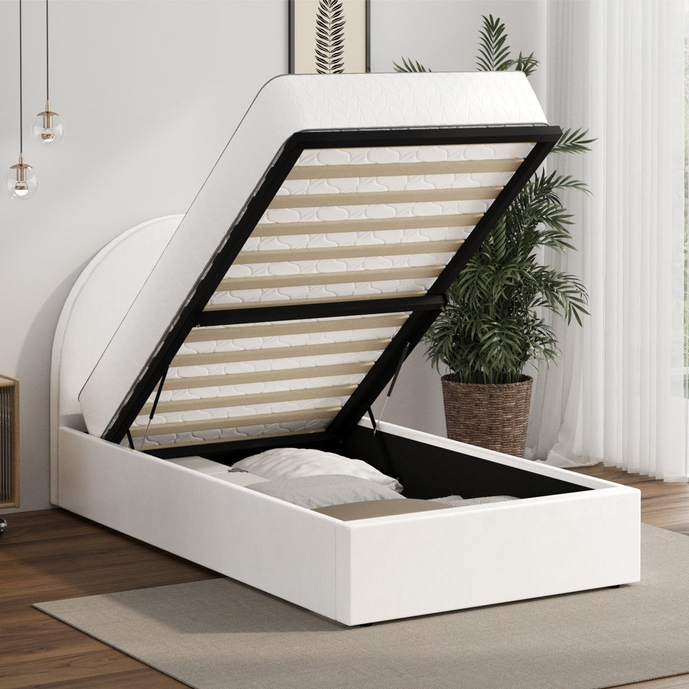 Oikiture Bed Frame Single Size With Gas Lift Base PU Leather White-Bed Frames-PEROZ Accessories