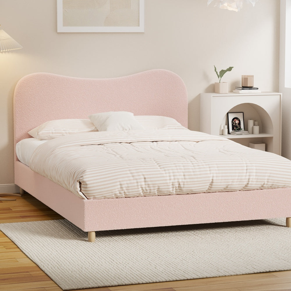 Oikiture Bed Frame Double Size Pink Boucle Cloud Shape-Bed Frame-PEROZ Accessories