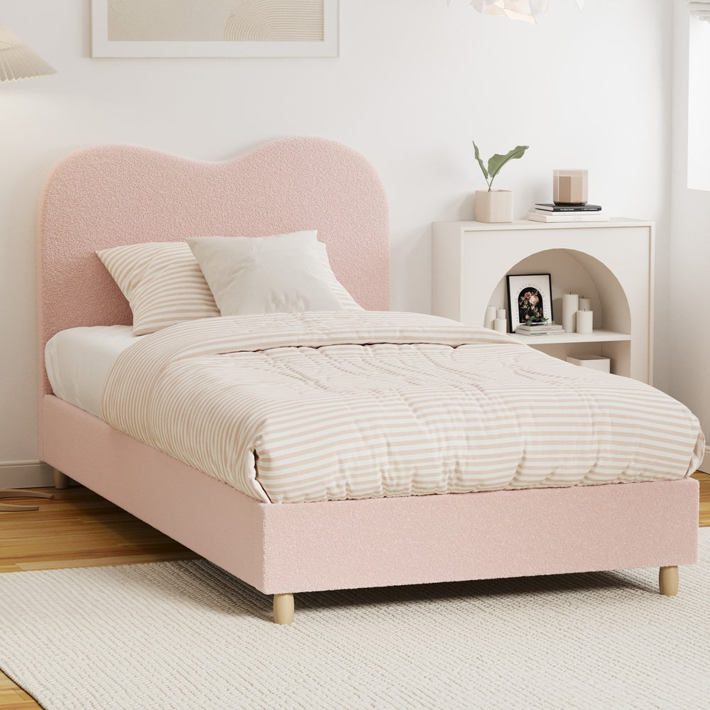 Oikiture Bed Frame King Single Size Pink Boucle Cloud Shape-Bed Frame-PEROZ Accessories