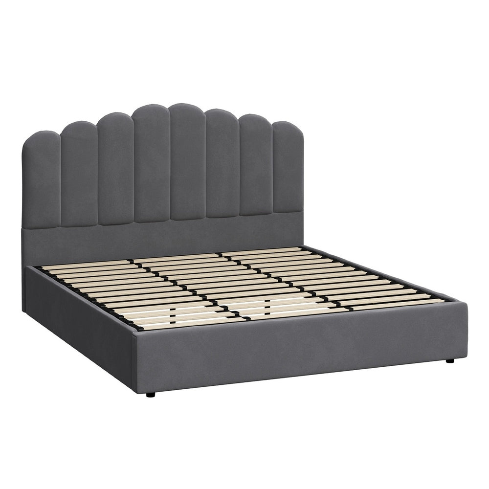 Oikiture Bed Frame King Size Gas Lift Velvet Grey-Bed Frames-PEROZ Accessories
