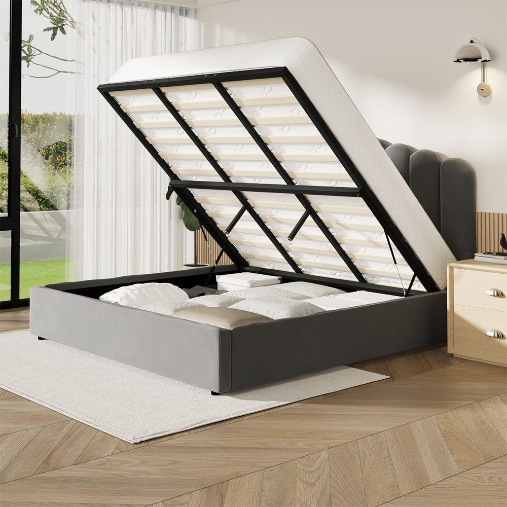 Oikiture Bed Frame King Size Gas Lift Velvet Grey-Bed Frames-PEROZ Accessories
