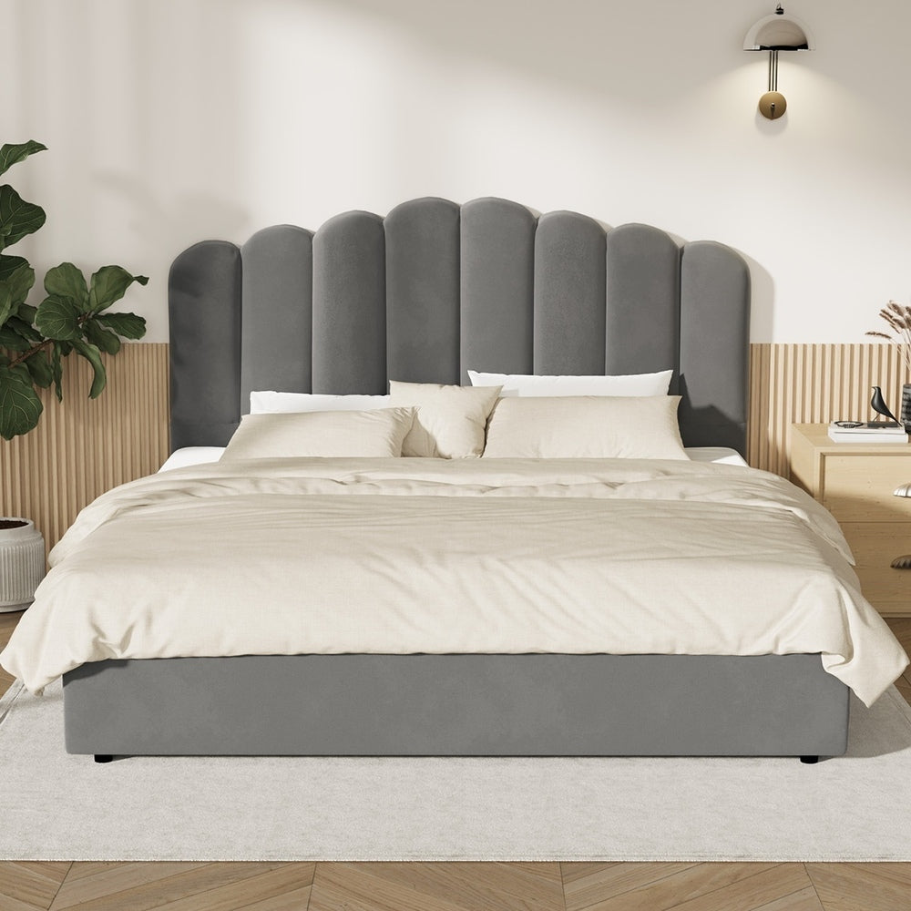 Oikiture Bed Frame King Size Gas Lift Velvet Grey-Bed Frames-PEROZ Accessories