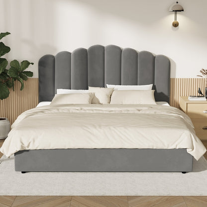 Oikiture Bed Frame King Size Gas Lift Velvet Grey-Bed Frames-PEROZ Accessories