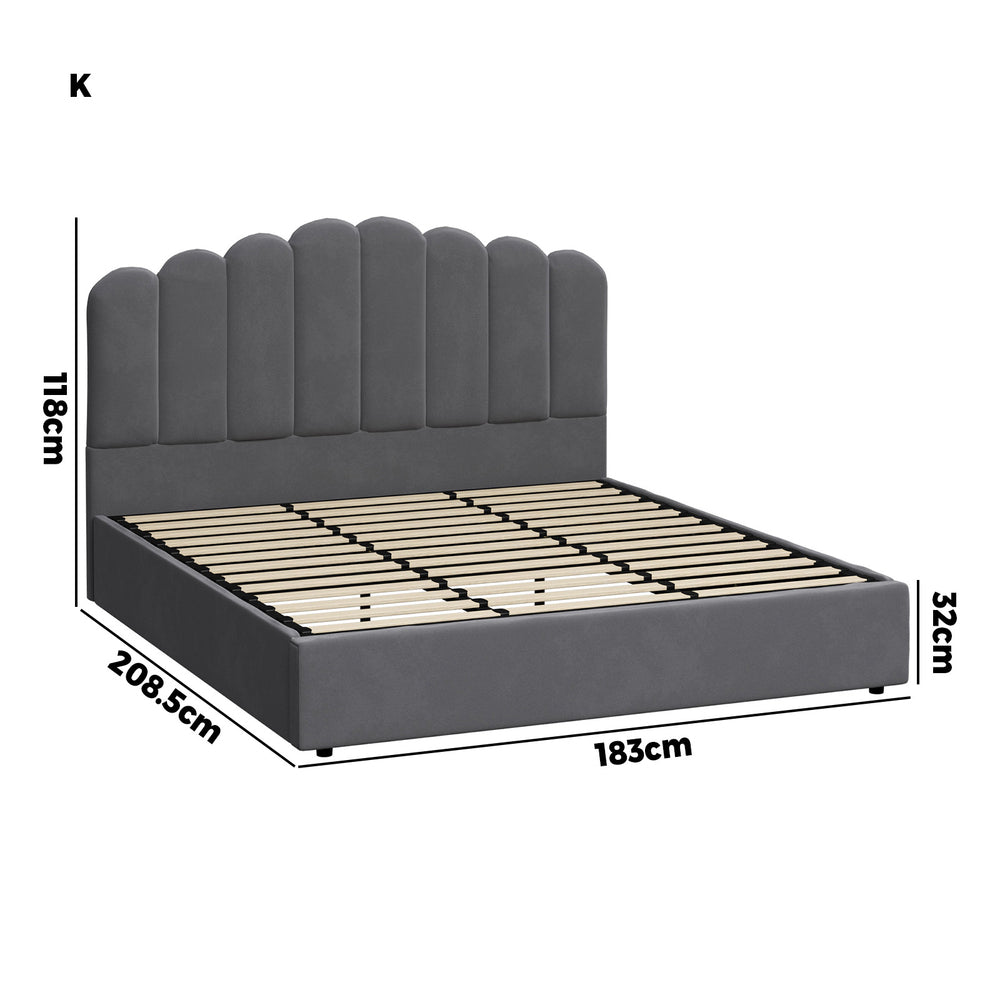 Oikiture Bed Frame King Size Gas Lift Velvet Grey-Bed Frames-PEROZ Accessories