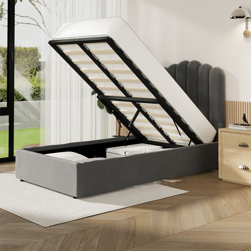 Oikiture Bed Frame King Single Gas Lift Velvet Grey-Bed Frames-PEROZ Accessories