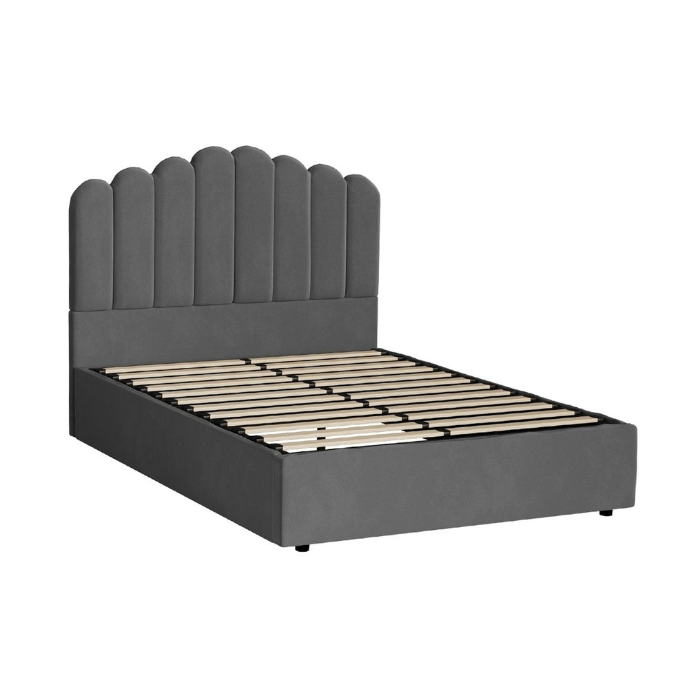 Oikiture Bed Frame Queen Size Gas Lift Velvet Grey-Bed Frames-PEROZ Accessories
