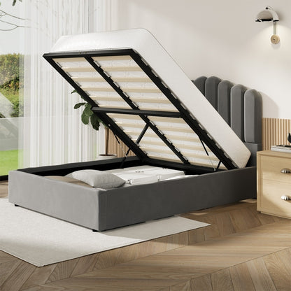 Oikiture Bed Frame Queen Size Gas Lift Velvet Grey-Bed Frames-PEROZ Accessories