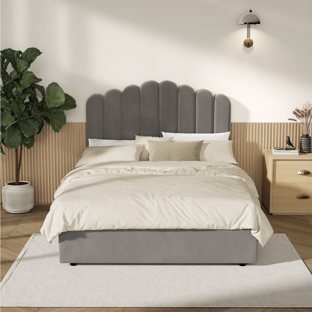 Oikiture Bed Frame Queen Size Gas Lift Velvet Grey-Bed Frames-PEROZ Accessories