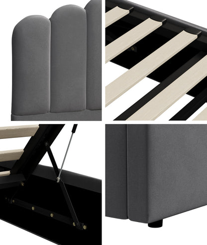 Oikiture Bed Frame Queen Size Gas Lift Velvet Grey-Bed Frames-PEROZ Accessories