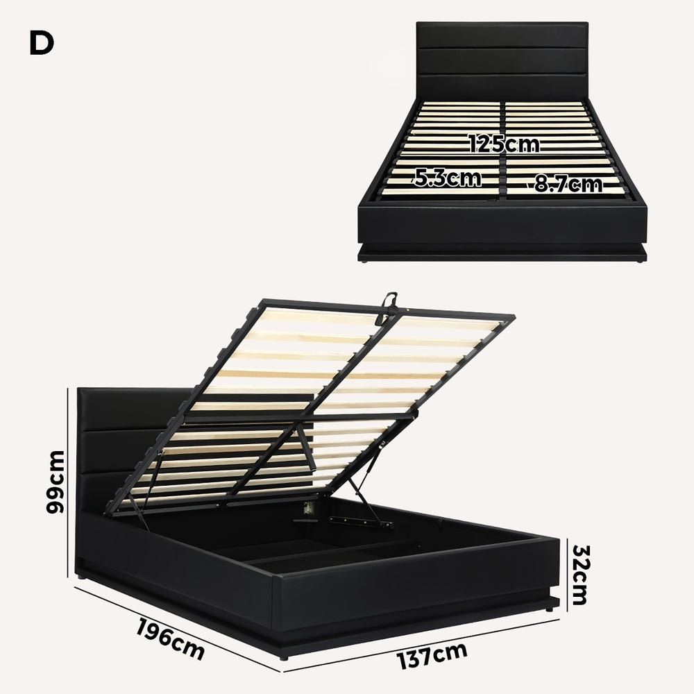 Oikiture Double Bed Frame, RBG Mattress Base with Gas Lift and Storage Space Black-Bed Frames-PEROZ Accessories