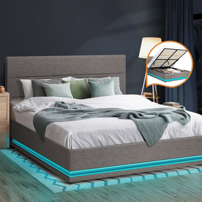 Oikiture Bed Frame Double Bed Frame LED Mattress Base with Gas Lift and Storage Space Grey-Bed Frames-PEROZ Accessories