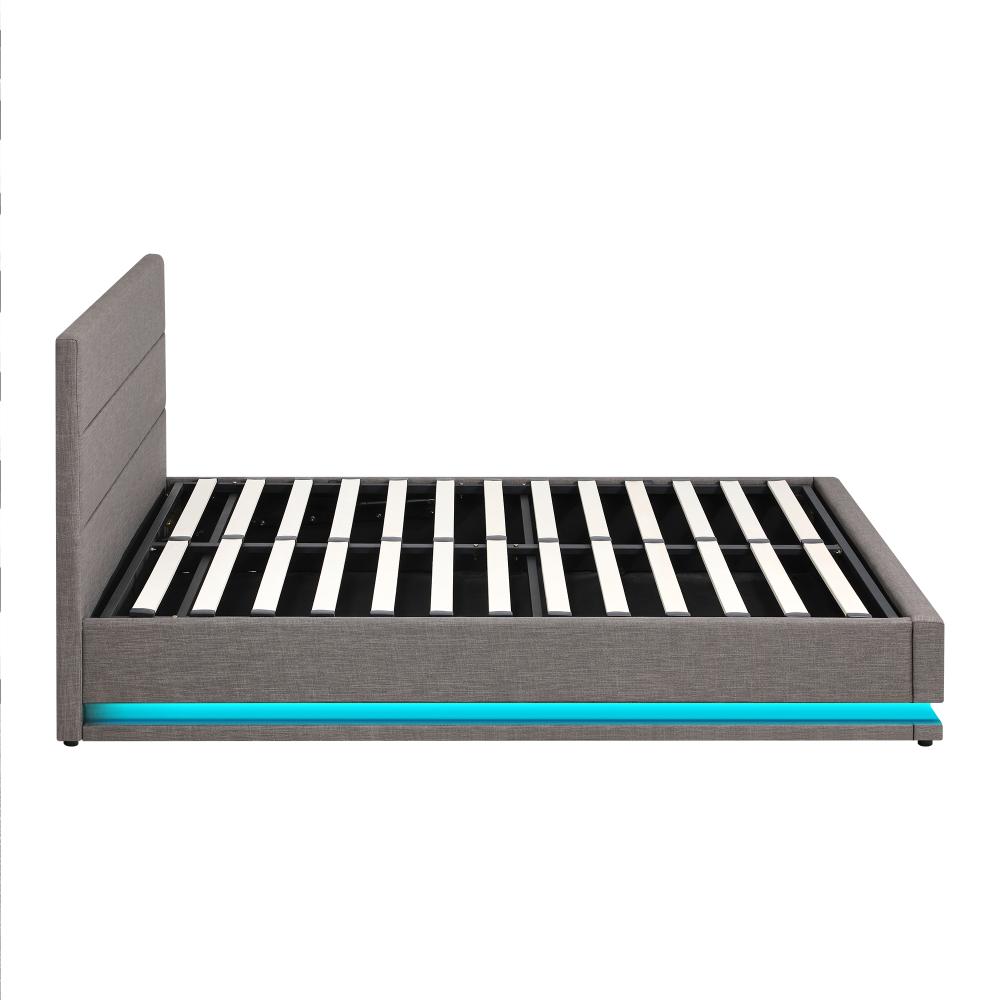 Oikiture Bed Frame Double Bed Frame LED Mattress Base with Gas Lift and Storage Space Grey-Bed Frames-PEROZ Accessories