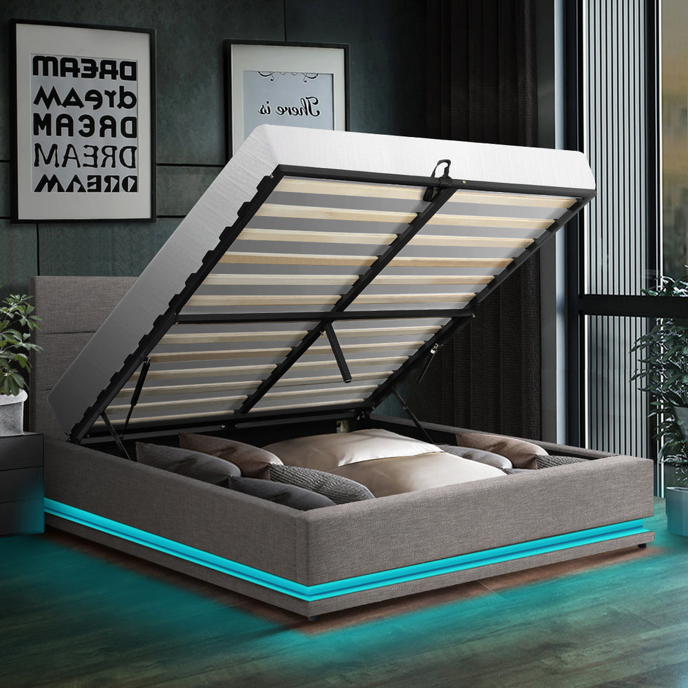 Oikiture Bed Frame Double Bed Frame LED Mattress Base with Gas Lift and Storage Space Grey-Bed Frames-PEROZ Accessories