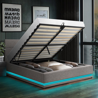 Oikiture Bed Frame Double Bed Frame LED Mattress Base with Gas Lift and Storage Space Grey-Bed Frames-PEROZ Accessories