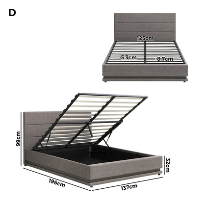 Oikiture Bed Frame Double Bed Frame LED Mattress Base with Gas Lift and Storage Space Grey-Bed Frames-PEROZ Accessories