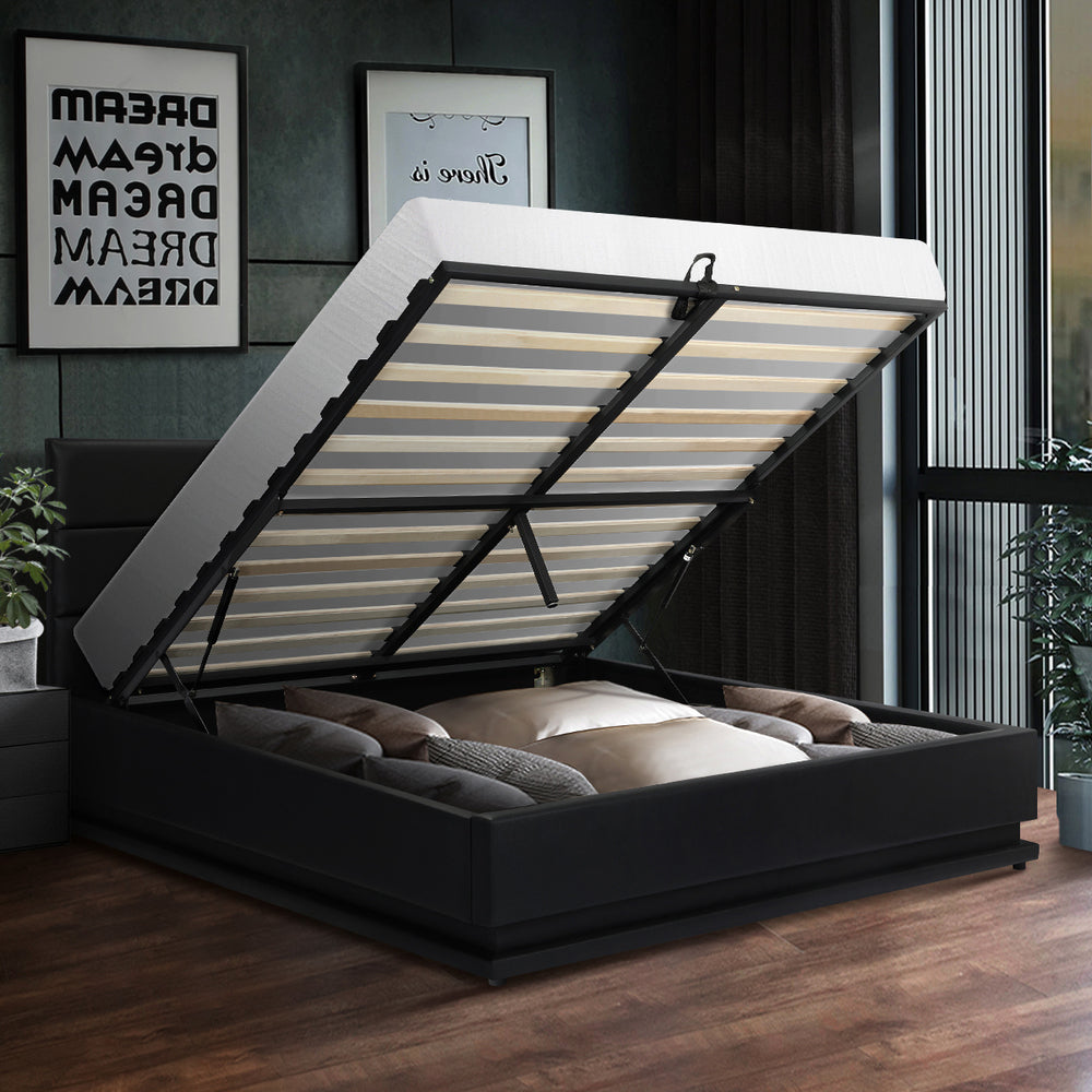 Oikiture Queen Bed Frame, RBG Mattress Base with Gas Lift and Storage Space Black-Bed Frames-PEROZ Accessories