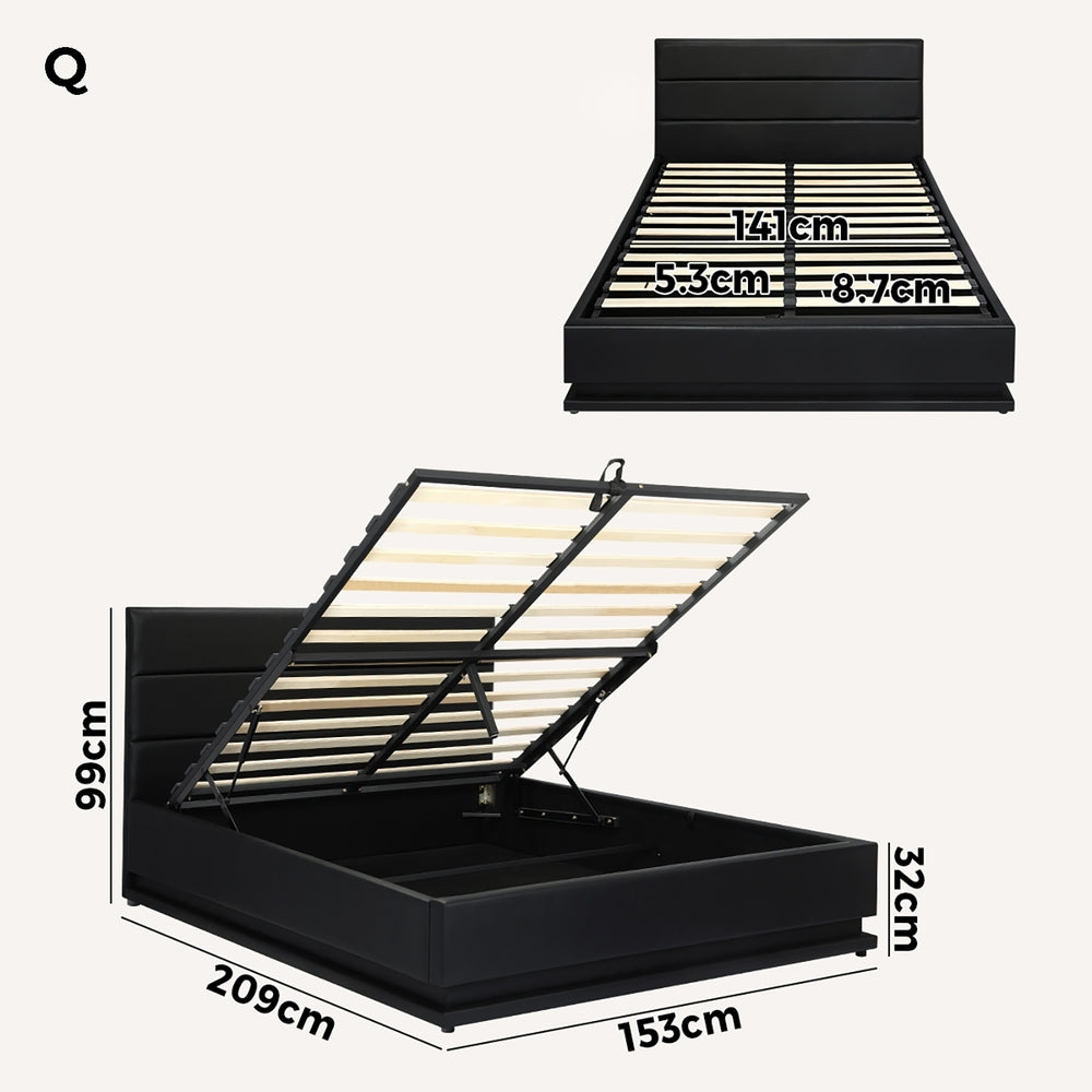 Oikiture Queen Bed Frame, RBG Mattress Base with Gas Lift and Storage Space Black-Bed Frames-PEROZ Accessories