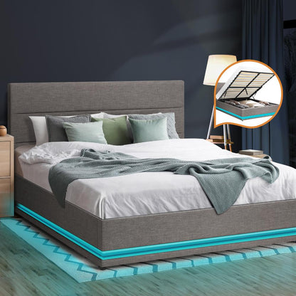 Oikiture Bed Frame Queen Bed Frame LED Mattress Base with Gas Lift and Storage Space Grey-Bed Frames-PEROZ Accessories