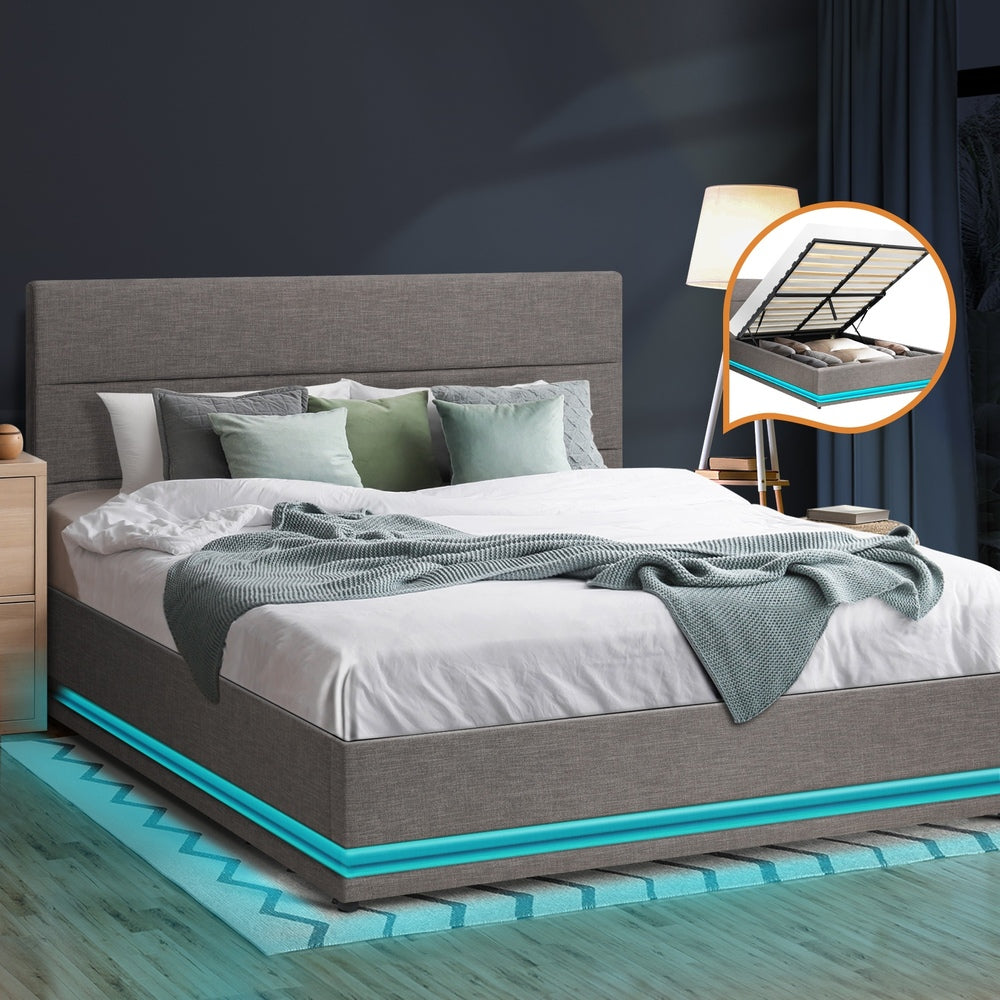 Oikiture Bed Frame Queen Bed Frame LED Mattress Base with Gas Lift and Storage Space Grey-Bed Frames-PEROZ Accessories