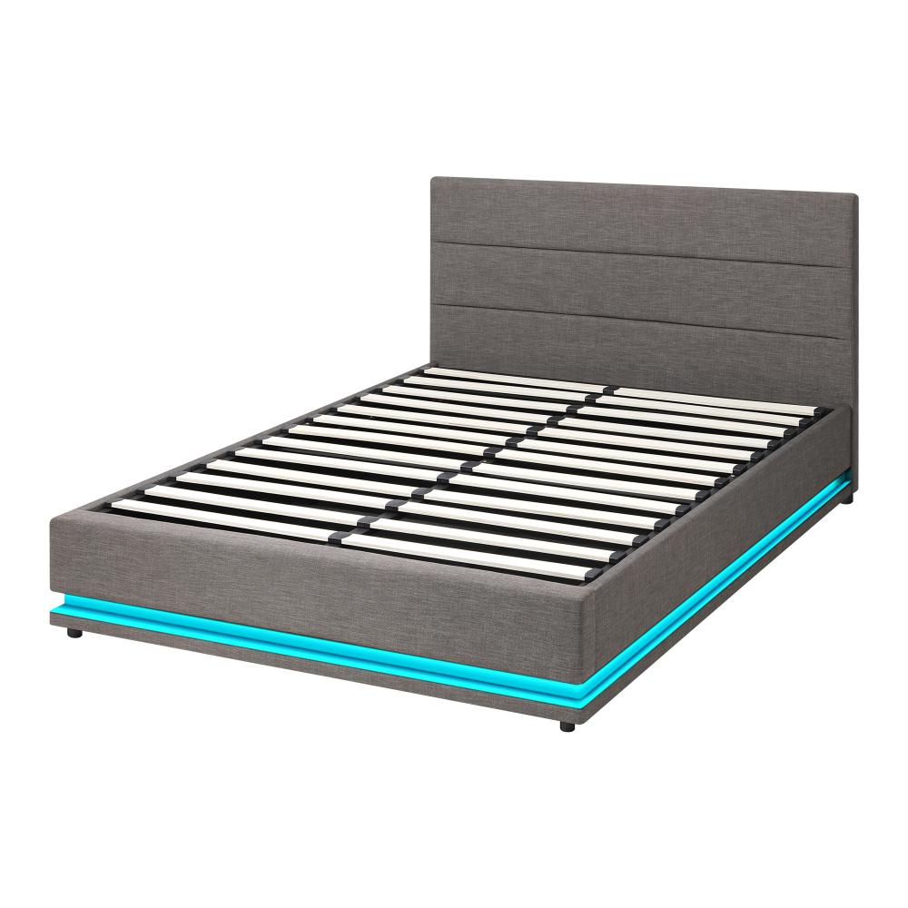 Oikiture Bed Frame Queen Bed Frame LED Mattress Base with Gas Lift and Storage Space Grey-Bed Frames-PEROZ Accessories
