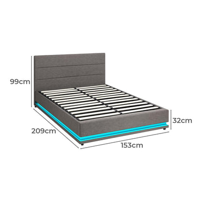 Oikiture Bed Frame Queen Bed Frame LED Mattress Base with Gas Lift and Storage Space Grey-Bed Frames-PEROZ Accessories